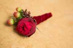 小花新郎新鲜的花玫瑰味蕾红色的颜色绿色红色的丝带