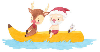 圣诞老人老人鹿猫香蕉船可爱的卡通字符设计白色背景圣诞节6月海报市场营销广告夏天出售问候卡剪裁路径