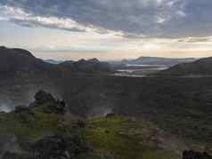 熔岩场景观兰德曼纳劳卡地热喷气孔河δrhyolit山日出山背自然储备高地冰岛