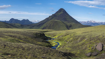 全景火山景观绿色storasula山郁郁葱葱的莫斯蓝色的<strong>溪水</strong>埃姆斯特鲁尔阿尔夫塔瓦特野营网站洛加长途跋涉区域山背自然储备冰岛