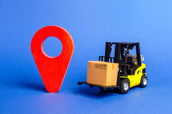 黄色的叉车卡车携带盒子红色的指针位置服务运输货物产品物流基础设施运输公司位置航空公司跟踪