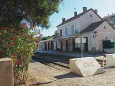 法国corse卡维6月铁路站建筑卡维站著名的corsician山火车行盛开的红色的rose-laurel