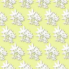 白色植物花轮廓苍白的绿色背景无缝的模式纸减少风格