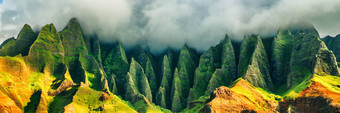 夏威夷考艾岛山自然旅行景观巴利语海岸考艾岛夏威夷纳帕利海岸线考艾岛岛夏威夷美国全景横幅复制空间山