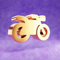 摩托车图标黄金光滑的摩托车象征孤立的紫罗兰色的天鹅绒背景