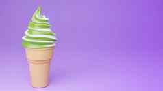 软服务冰奶油绿色茶牛奶口味脆皮锥紫色的背景模型插图