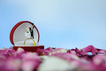 微型摄影户外婚姻婚礼概念新娘新郎站打开环盒子红色的白色玫瑰花桩