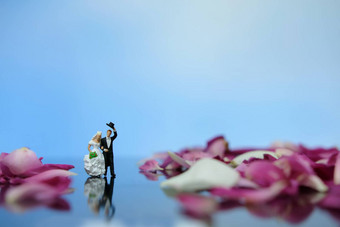 微型摄影户外婚姻婚礼概念新娘新郎走红色的白色玫瑰花桩