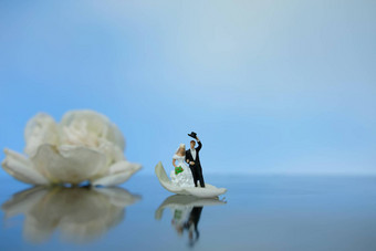 微型摄影户外婚礼概念新娘新郎走红色的白色玫瑰花桩