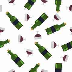 无缝的模式玻璃酒绿色瓶葡萄酒插图平风格