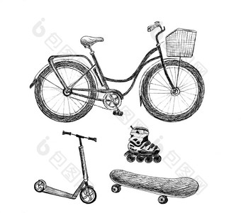 集体育运动运输对象自行车踏板车辊滑板草图白色背景手绘插图