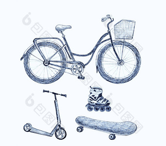 集体育运动运输对象自行车踏板车辊滑板草图光背景手绘插图