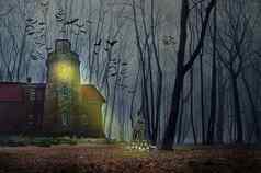 有雾的晚上森林万圣节房子月亮蝙蝠