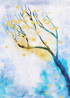 水彩绘画树色彩斑斓的叶子