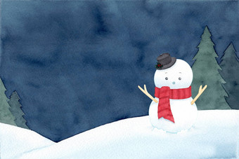 雪人他红色的围巾平静晚上冬天风景背景水彩手绘画插图设计冬天圣诞节一年