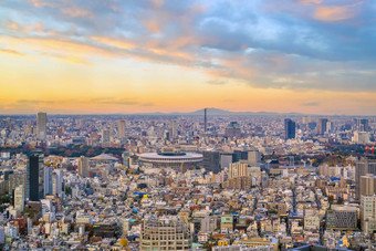 前视图东京城市天际线日落