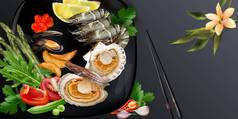 日本风格海鲜菜王虾扇贝