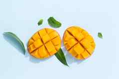 芒果设计概念丁新鲜的芒果水果蓝色的表格背景
