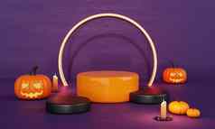 万圣节一天橙色紫色的南瓜产品讲台上阶段令人毛骨悚然的烛光空广告背景假期季节概念令人毛骨悚然的有趣的主题插图呈现