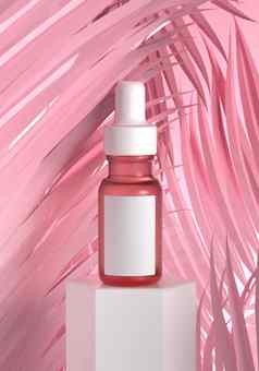 化妆品血清瓶模型产品空空白标签白色阶段粉红色的柔和的叶子背景健康化妆广告护肤品市场营销概念插图呈现