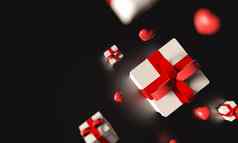 前视图白色礼物盒子红色的丝带心下降天空黑色的背景情人节圣诞节假期黑色的星期五概念生日庆祝活动事件横幅插图