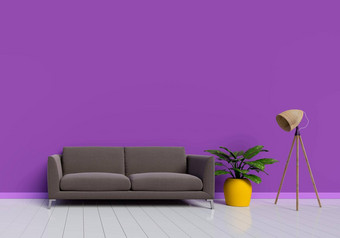 现代室内设计紫色的<strong>生活</strong>房间棕色（的）沙发黄色的植物能白色光滑的木地板上灯元素首页<strong>生活</strong>概念<strong>生活</strong>方式主题插图呈现