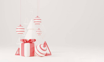 圣诞节树红色的礼物盒子球白色背景圣诞节海报网络横幅渲染插图最小的风格圣诞节一年概念