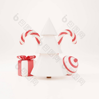 圣诞节树红色的<strong>礼物盒</strong>子球白色背景圣诞节<strong>海报</strong>网络横幅渲染插图最小的风格圣诞节一年概念
