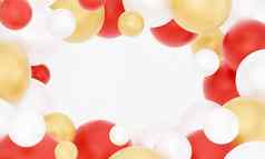 渲染摘要背景框架黄金红色的白色球五彩缤纷的气球几何背景原始的形状简约设计聚会，派对装饰塑料玩具
