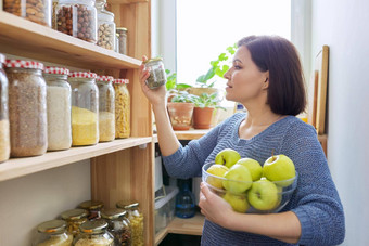 女人碗绿色<strong>苹果</strong>储藏室组织厨房