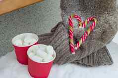 杯咖啡棉花糖圣诞节糖果拐杖心针织毛衣雪板凳上