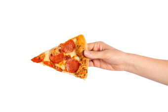 片意大利辣香肠披萨手孤立的白色前视图paperoni披萨概念意大利食物街食物快食物快速咬