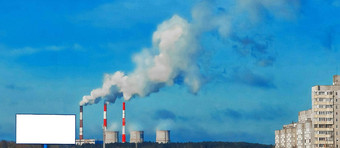 广告牌空白模拟背景环境污染烟管道冷却塔工业企业热权力植物生态问题概念