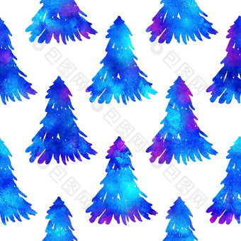 圣诞<strong>节水</strong>彩画冷杉树无缝的模式蓝色的颜色白色背景手绘水彩云杉松树壁纸点缀包装圣诞节装饰