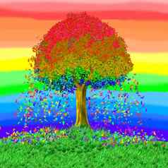 彩虹彩色的树背景天空彩虹