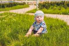 可爱的蹒跚学步的婴儿男孩孩子玩公园草一天时间有趣的花园