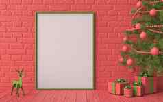 模拟空白图片框架红色的绿色圣诞节装饰礼物