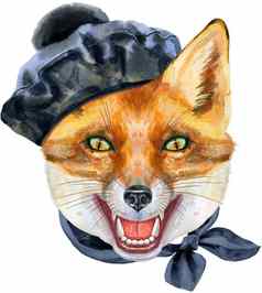 狐狸头黑色的贝雷帽机关炮水彩狐狸绘画插图孤立的白色背景