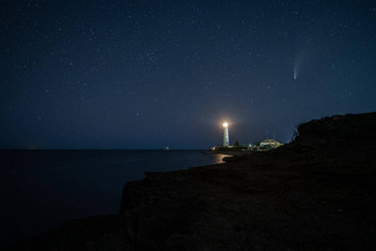 Hdr景观视图著名的新智慧彗星白色灯塔晚上