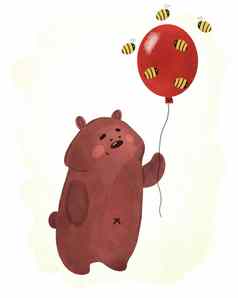 可爱的熊红色的气球蜜蜂水彩插图