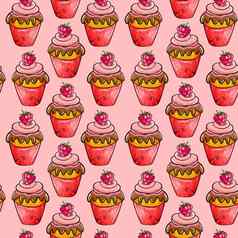 插图光栅无缝的模式奶油甜点红色的颜色装饰草莓粉红色的背景