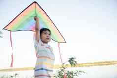 亚洲快乐孩子们男孩风筝运行飞公园