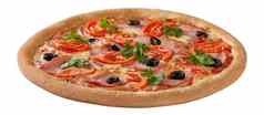 意大利披萨他西红柿马苏里拉奶酪黑色的橄榄新鲜的欧芹孤立的白色