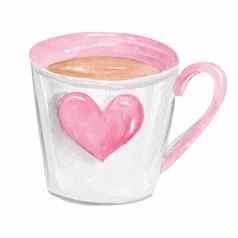 水彩白色茶杯粉红色的心孤立的白色背景情人节一天礼物陶瓷爱咖啡杯子