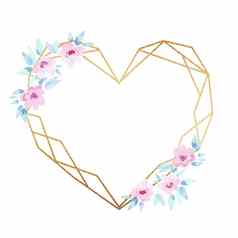 金多边形框架水彩粉红色的花孤立的白色背景花几何边境婚礼邀请卡片