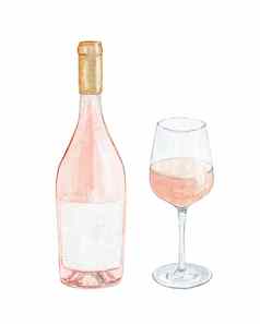 水彩玫瑰酒瓶玻璃集孤立的白色背景