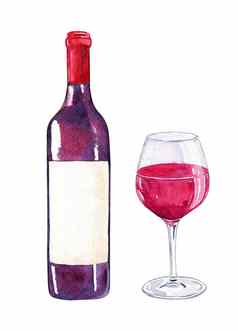 水彩手画红色的酒瓶玻璃孤立的白色背景打印海报咖啡馆菜单设计装饰
