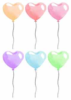 水彩色彩斑斓的心形状气球字符串聚会，派对集孤立的白色背景生日卡装饰