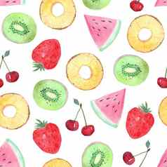 水彩热带水果浆果无缝的模式白色背景菠萝猕猴桃樱桃西瓜草莓夏天打印织物纺织包装