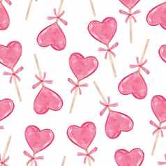 水彩粉红色的心棒棒糖无缝的模式白色背景情人节一天打印织物纺织包装壁纸剪贴簿